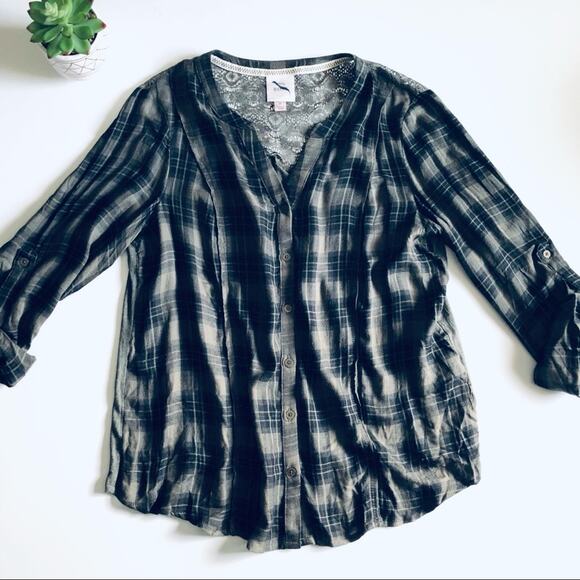 Knox Rose Women's M Button Down Plaid Lace Back Top Green Fall Boho - Picture 2 of 8